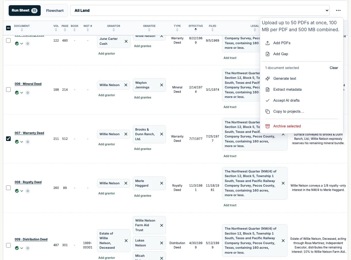 Pick instruments and extract. Select documents in the runsheet and choose Extract metadata. AI reads each PDF.
