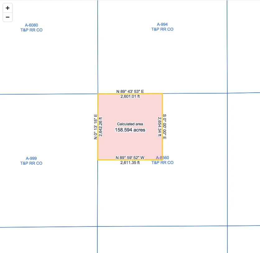 Project map with the NW/4 of a Pecos County T&P RR Co. section outlined over the RRC survey grid, showing boundary bearings and distances and 158.594 calculated acres.